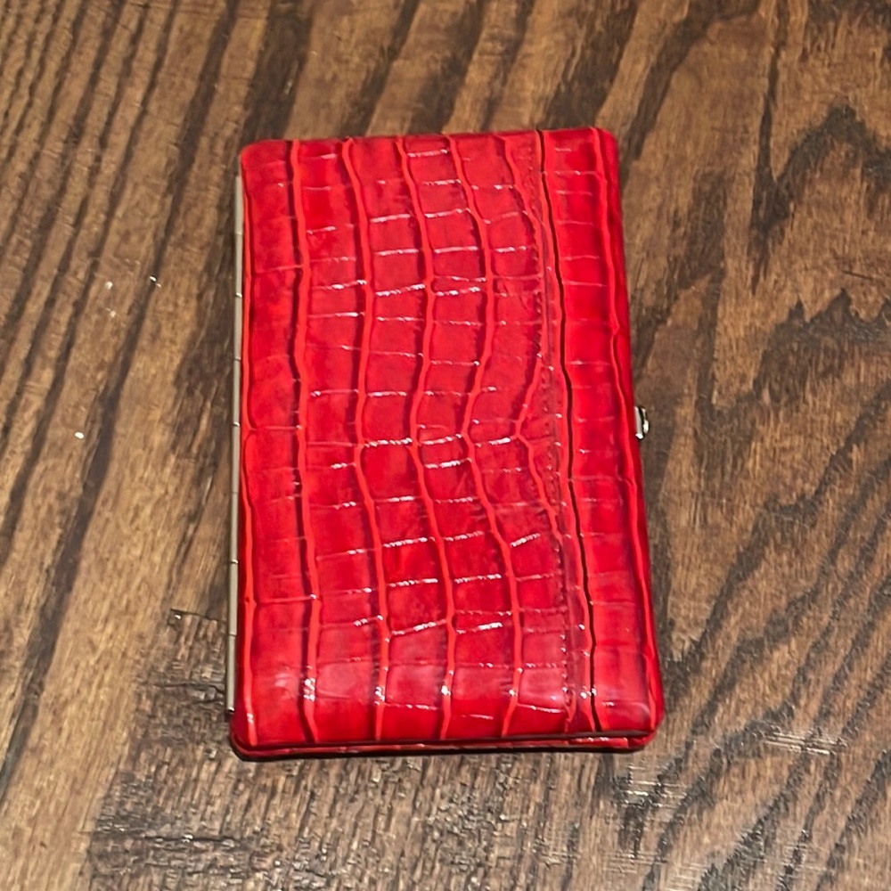Red patent crocodile clutch